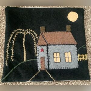 Folk Art Hand Stitched Black  and Gray Accent Pillow with Rustic House Design